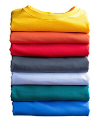 stack of folded blank t-shirts in various colors on transparent background