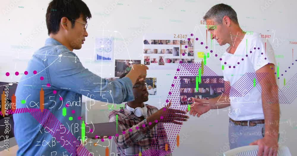 Poster animation of mathematical equations and financial data processing over diverse colleagues