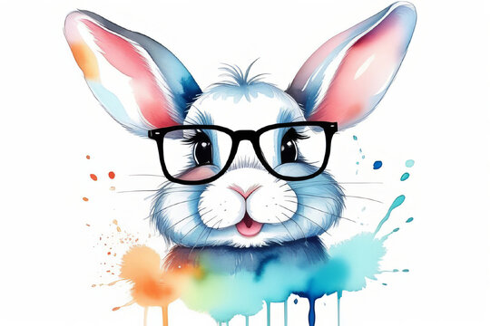 Easter greeting card. Close up portrait of cute rabbit with watercolor splash background. Bunny wearing glasses. Watercolor hand drawn style