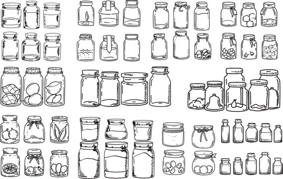Glass jars contour drawing vector isolated white background