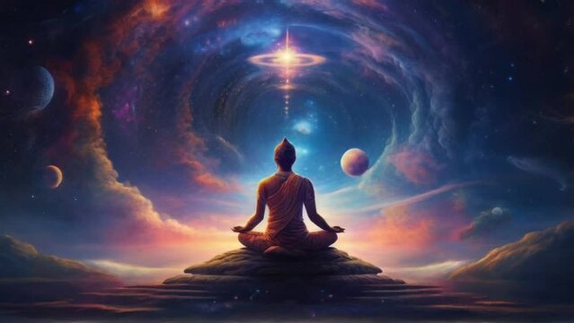 Meditating person in the galaxies with cosmic energy background. Buddha silhouette. spiritual video