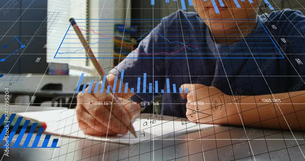 Wall mural Animation of mathematical equations and financial data processing over asian schoolboy