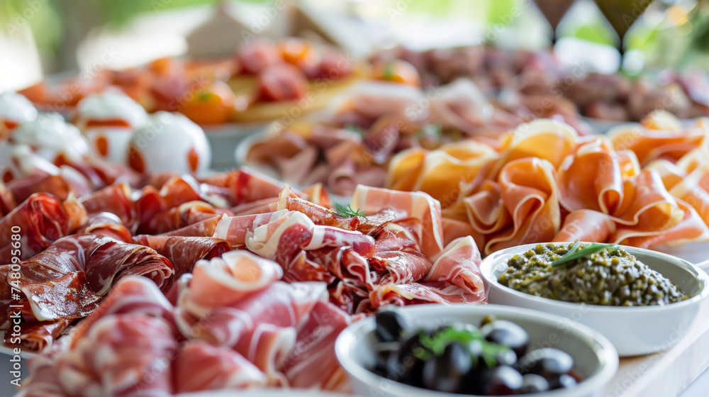Poster an inviting display of hors doeuvres featuring a selection of meats from a premium charerie counter 
