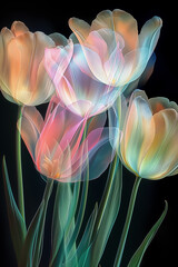 Iridescent Tulips with a Glowing Neon Effect on a Dark Background