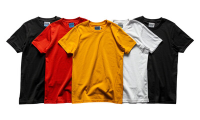 Flat lay arrangement of blank t-shirts with space for adding custom designs or text on transparent background