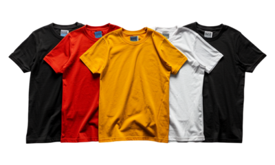 Flat lay arrangement of blank t-shirts with space for adding custom designs or text on transparent background