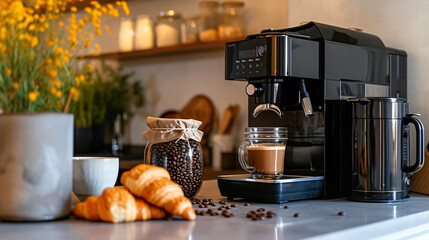 Modern coffee machine, jar of beans, and croissant