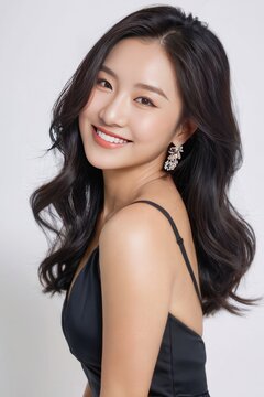 Portrait of a beautiful girl with a bright smile, wearing a seductive black dress