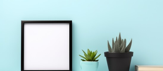A black mockup picture frame sits on a shelf next to a potted cactus plant. The shelf also holds a gray flower pot, black alarm clock, notebook, and oversize clip against a blue background.
