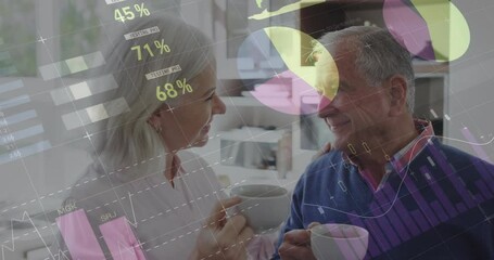 Animation of financial data processing over senior caucasian couple drinking coffee - Powered by Adobe