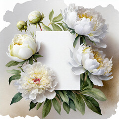Watercolor floral wedding composition. Square frame with white peonies flowers and copy space