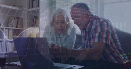 Animation of financial data processing over senior caucasian couple using laptop - Powered by Adobe