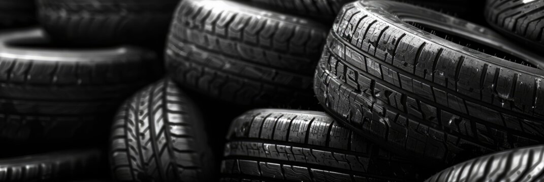 Black car tires stacked in a warehouse