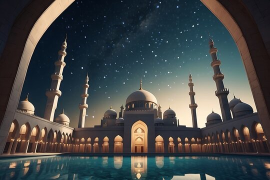 Illustration of a mosque at night with a full moon and stars