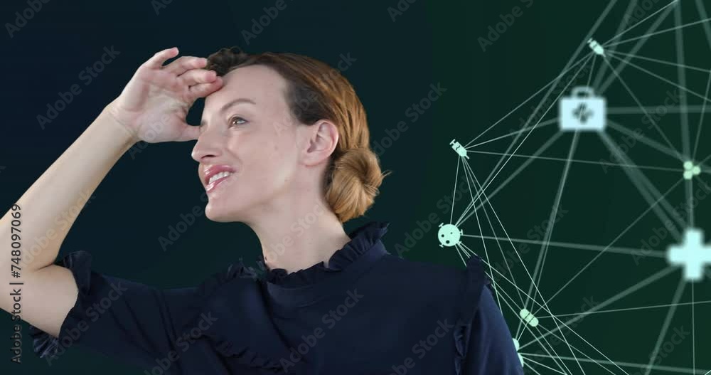 Poster Animation of caucasian businesswoman over network of conncetions with icons on black background