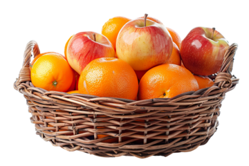 Assorted oranges and apples in wicker basket isolated white background PNG
