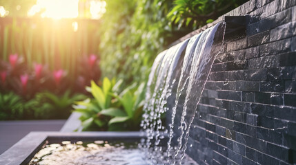 Modern outdoor home water feature: fountain waterfall - obrazy, fototapety, plakaty