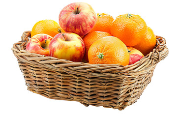 Assorted oranges and apples in wicker basket isolated white background PNG