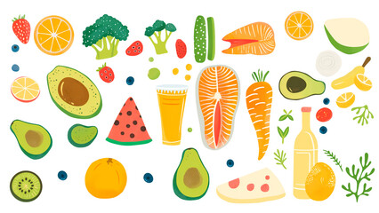 Vegetable, fruits and salmon illustrations isolated on a white background for a healthy food concept - obrazy, fototapety, plakaty