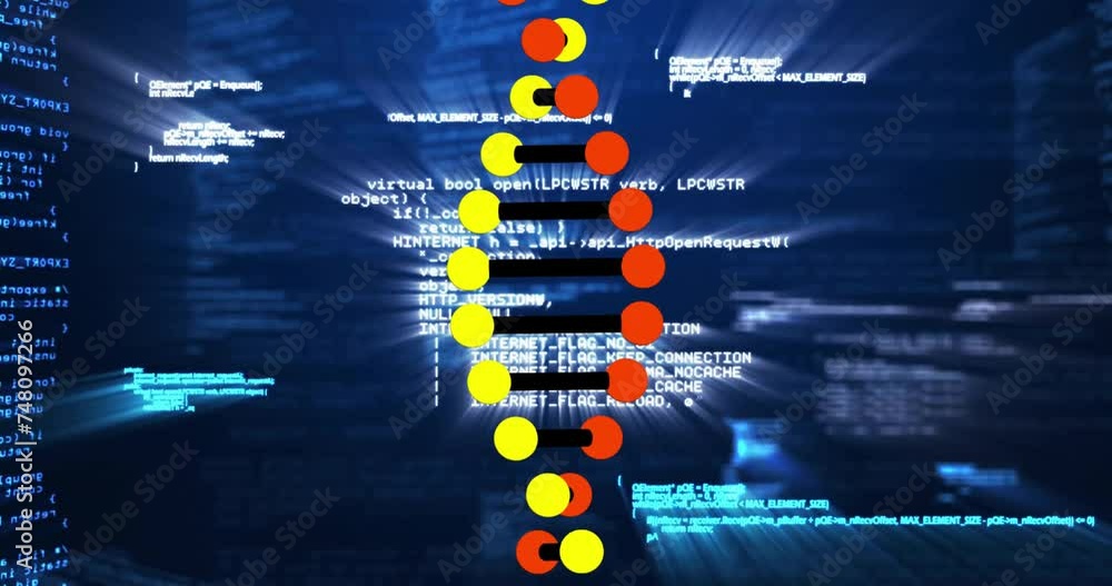 Poster animation of dna strand over data processing on blue background