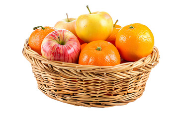 Assorted oranges and apples in wicker basket isolated white background PNG