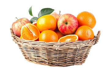 Assorted oranges and apples in wicker basket isolated white background PNG