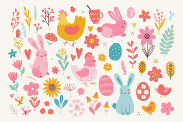 Easter design elements - rabbit, hen, chicken, butterfly, egg, leaves, flower