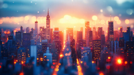 Manhattan Skyline at Night, Illuminated Skyscrapers with Blurred City Lights