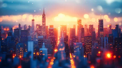 Papier Peint photo Etats Unis Manhattan Skyline at Night, Illuminated Skyscrapers with Blurred City Lights
