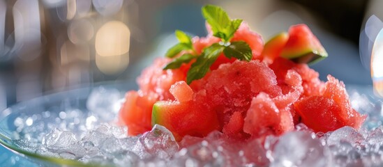 A plate holding watermelon flavored red sorbet resting on a bed of ice, topped with fresh mint leaves and ripe watermelon chunks. The cool and refreshing dessert is perfect for a hot summer day.