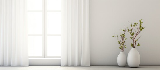 A minimalist white room with three vases placed on a wooden floor, against a large white wall. A window with curtains reveals a white landscape outside.