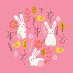 Easter greeting card with bunnies, eggs, chicken, berries, flowers, leaves