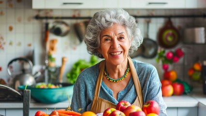 Portrait of a senior woman in the kitchen with apples and fruits.