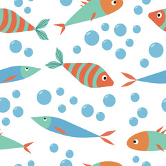 Seamless pattern with colorful fish. Underwater, sea life, bubbles, aquarium. Background for kids.