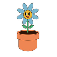 Groovy happy blue flower. Plant in pot. Vector isolated on white background for banner, poster, textile. Hippie funky design.