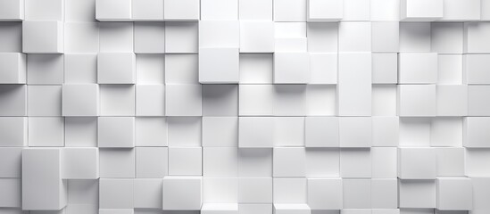 A black and white photograph showcasing a white wall covered in textured squares, creating an interesting pattern and depth in the image.