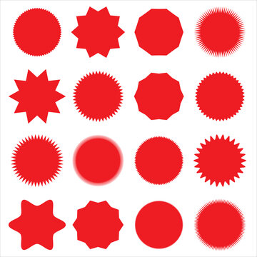 Set of red starburst, sunburst badges. Design elements - best for sale sticker, price tag, quality mark. Flat vector illustration isolated on white background. Red stickers