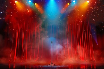 Vibrant theatre performance colorful spotlights, microphone add elegance