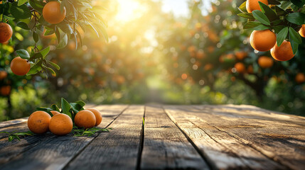 wooden table place of free space for your decoration and orange trees with fruits in sun light.