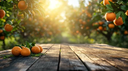Foto op Plexiglas wooden table place of free space for your decoration and orange trees with fruits in sun light. © Wasin Arsasoi