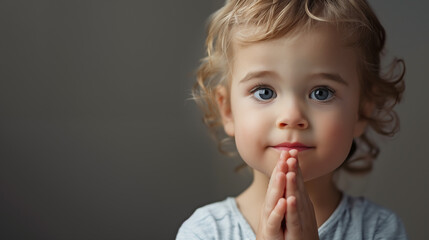 Kid praying and looking at the camera on plain background, symbolizing faith in god - obrazy, fototapety, plakaty