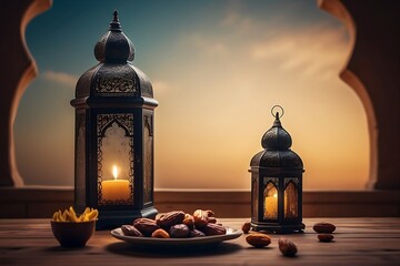 Ramadan Kareem background with arabic lanterns and dates