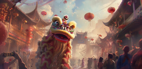 Festive parades with dragon and lion dances fill the streets accompanied by loud drums and fireworks to ward off evil spirits. - obrazy, fototapety, plakaty