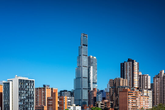 Cityscape of Bogota, Colombia with a beautiful blue sky