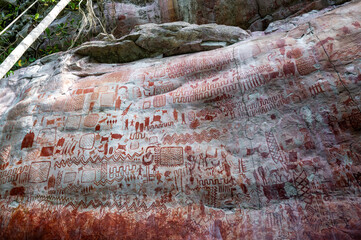 Amazing ancient rock paintings at Cerro Azul in Guaviare, Colombia