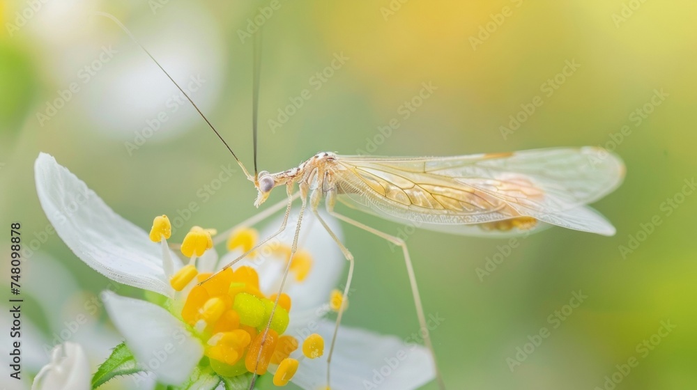 Poster a macro shot of a tiny insect resting on a delicate flower reminding us of the intricate ecosystems 