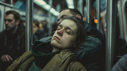 Fototapeta na wymiar Tired depressed people in subway, rush hour