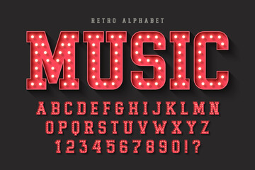 Retro cinema alphabet design, cabaret, warm lamps letters and numbers.