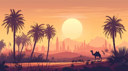 Gordijnen flat design illustration the desert at sunset with silhouette of palm trees and camels. ramadan kareem holiday celebration concept © Rangga Bimantara