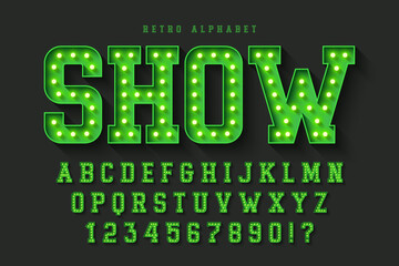 Naklejka premium Retro cinema alphabet design, cabaret, warm lamps letters and numbers.